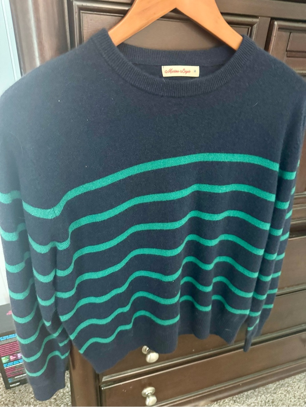 Marine Layer Navy Sweater with Teal Stripes 🐸🌿
